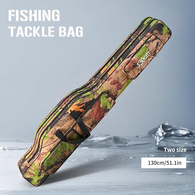Folding Fishing Rod Case, Travel Fishing Pole Bag for 2-3 Rods with Reels Attached, Waterproof Oxford Storage Organizer with 3 Layers - 51 inch