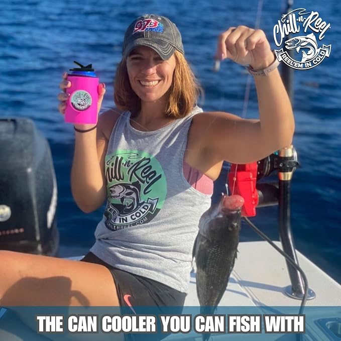 Made in USA | Fishing Can Cooler from Shark Tank | Hard Shell Drink Holder with Hand Line Reel | Fits Most Can Sleeves or Coozies | Unique Fishing Gift for Men | Retail Box Packaging | Pink