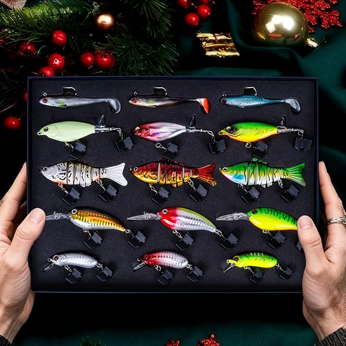 Fishing Lures Kit for Men, 15PCS Bass Fishing Lures Gift Set with Premium Gift Box, Hard & Soft Baits for Bass Trout Pike Salmon, Freshwater & Saltwater Fishing Gear Gifts