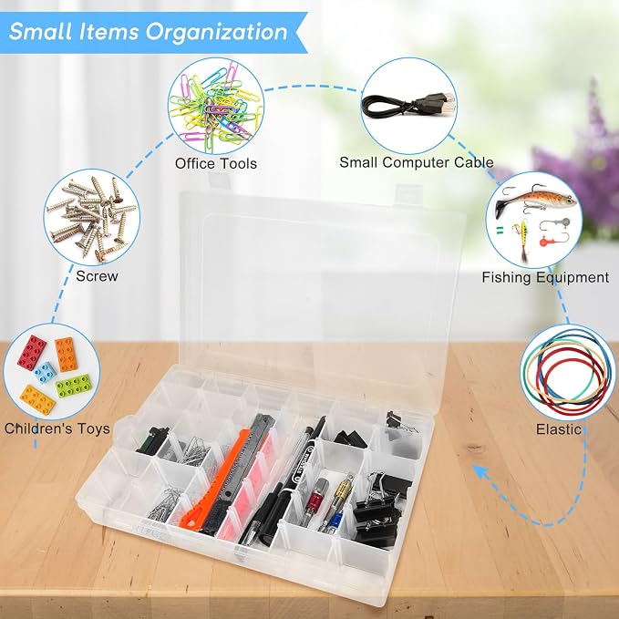 Guyuyii 4 Pack Clear Plastic Organizer Box - 36-Grid Adjustable Dividers Storage Container with Secure Lid - BPA-Free Small Part Case for Earrings, Jewelry, Fishing Lures, Screws & Hardware, No Handle