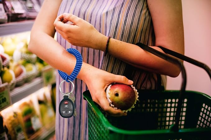 Lucky Line 2” Spiral Wrist Coil with Steel Key Ring, Flexible Wrist Band Key Chain Bracelet, Stretches to 12” Blue, 10 PK (41035)