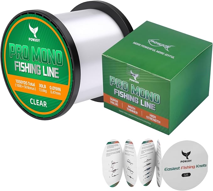 Pro Monofilament Fishing Line with Knot Instruction Cards for Multi Purpose Cost Effective, Strong Yet Thin Nylon String for Big Fishes, Tangle-Free & UV Resistant, 15/20/30/50/80LB