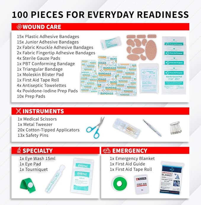 Protect Life Doctor Developed Mini First Aid Kit, 100 Piece Waterproof Emergency Kit for Car, Boat, Camping & Travel, Includes Emergency Blanket, Tourniquet & First Aid Guide