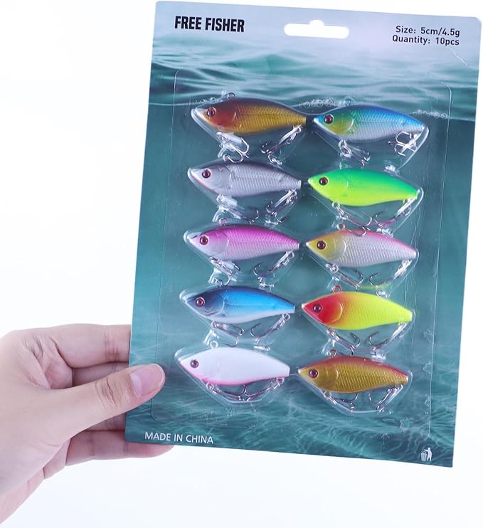 10Pcs Fishing Lures VIB Hard Baits Lipless Crankbaits Sinking Lures for Bass Trout Perch Salmon 2in/0.16oz