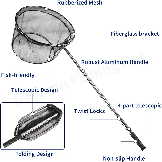 Neween Fishing Net, Foldable Collapsible Telescopic Fish Landing Net, Durable Nylon Material Mesh Landing Net for Easy Catching or Releasing for Trout
