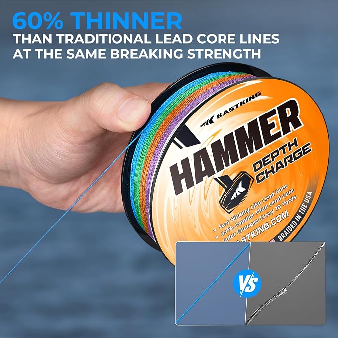 KastKing Hammer Depth Charge Weighted Fishing Line- Made in The USA, Lead-Free Fast Sinking 9-Carrier Braided Fishing Line, Nano Bismuth Coated Saltwater Trolling Line, Color Changes Every 10 Yards