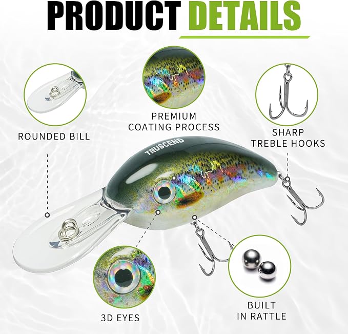 TRUSCEND Shallow or Deep Diving Crankbait with BKK Hooks, Wobble Fishing Lures for Bass Trout Crappie Walleye, Sinking Lipless Vibe Crank Bait for Bass Pike, Amazing Swimbait for Family Fishing