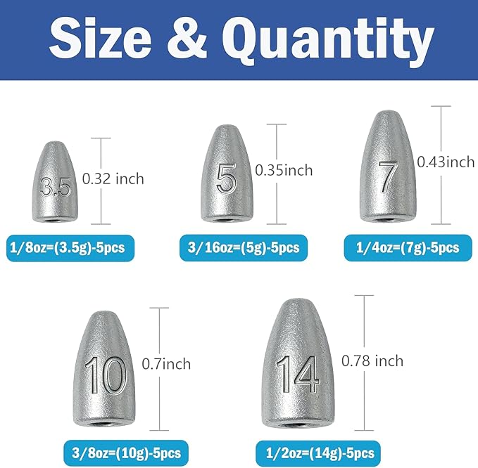 25PCS Fishing Weights Sinkers Kit Bullet Weights Bass Weights Worm Weights Slide Sinkers for Fishing Line Saltwater Freshwater