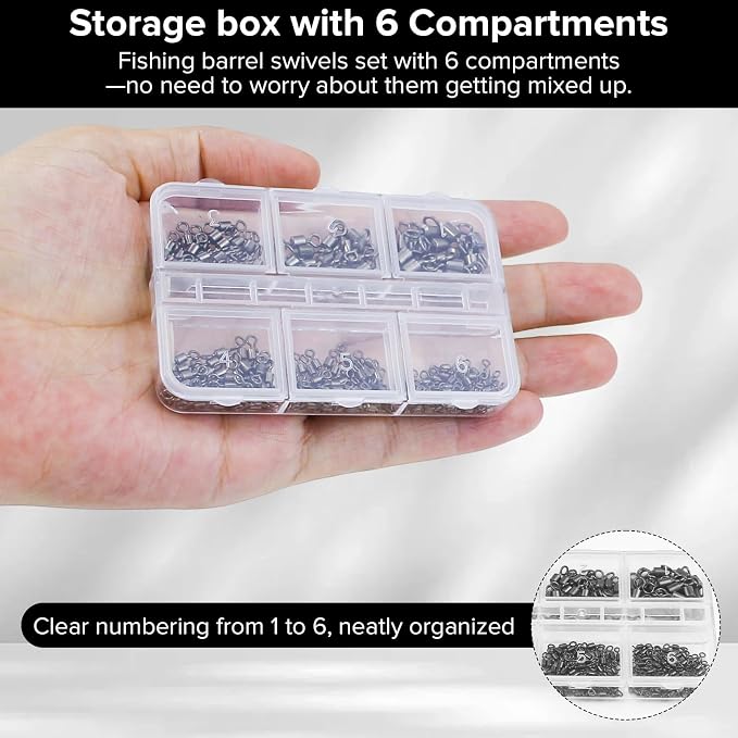 DONQL Fishing Swivels 200pcs, Swivels Fishing Tackle, Stainless Steel Barrel Swivel, #4#6#8#10#12#14, 61.7lbs to 6.6 lbs, for Saltwater, Freshwater, Leader, Line, Lure Connector