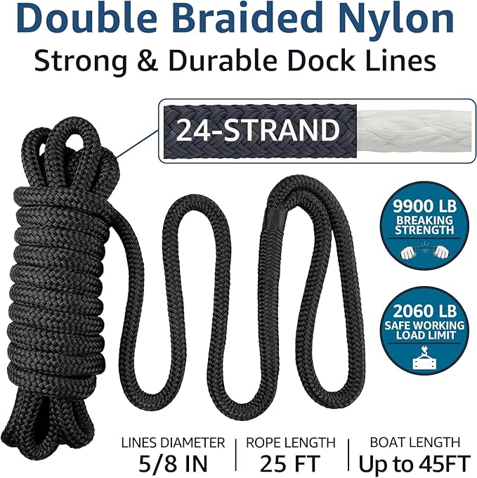 2 Pack 5/8" x 25' Dock Lines - Marine Grade Nylon Boat Rope with 15" Loop for Docking and Mooring - Double Braided Boat Lines, High Strength, Easy Handling, Fray Resistant - Black