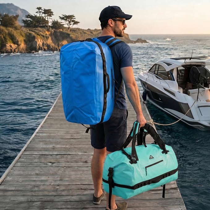 Haimont IPX7 Waterproof Roll-Top Dry Duffel Backpack | 60L/90L Sizes, 500D Tarpaulin, Welded Seams, Mesh Pockets, Boating & Kayaking