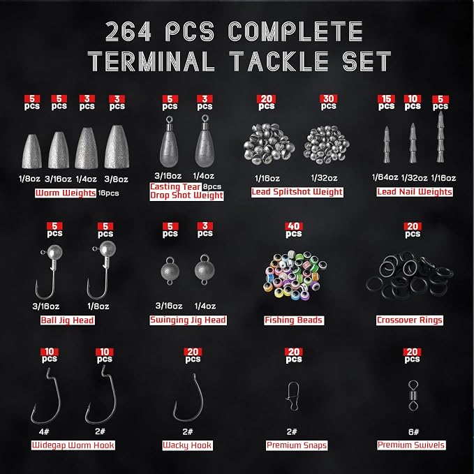 Fishing Accessories Kit, 264/423PCS Fishing Tackle Box with Hooks, Weights, Sinkers for Bass Trout, Gifts for Men,Kids