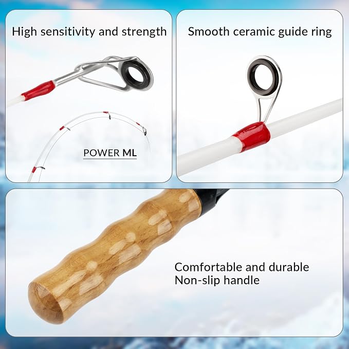 QualyQualy Ice Fishing Rod Reel Combo Complete Set Ice Fishing Gear with Backpack Seat Ice Cleats Ice Fishing Jigs Line Full Ice Fishing Kit 24" 26"