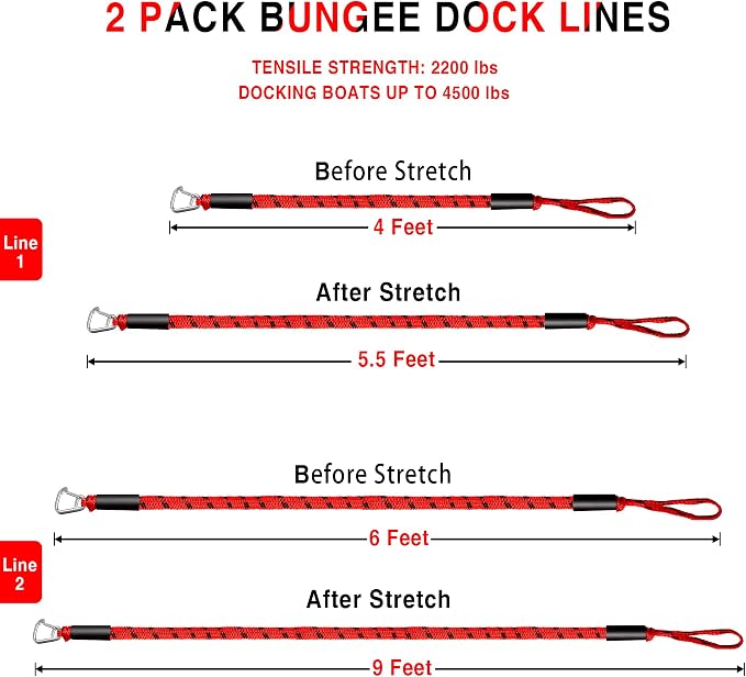 Bungee Dock Line Boat Accessories - Pontoon, Jet Ski, Kayak Accessories with 316 Stainless Steel Clip