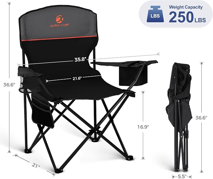 LET'S CAMP Camping Chair 2 Pack Folding Chair with 4-Can Cooler Bag Portable Lawn Chair with Cup Holder,Storage Pocket, Supports 250LBS, Collapsible Chair for Camp, Beach, Picnic (Black)