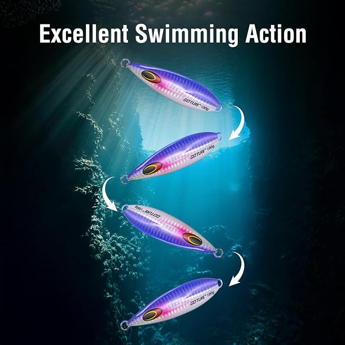 Goture Slow Pitch Jigs, Glow Flat Fall Jig Fishing Lure with Double Assist Hooks and Swivel, Fishing Jigs Saltwater 40g-250g Deep Sea Fishing Jigging Lures for Tuna,Dogtooth Tuna, Yellowtail,Kingfish
