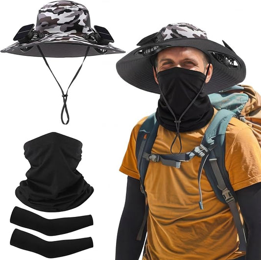 Syhood Solar Powered Fan Hat Neck Gaiter Arm Sleeves Sun Bucket Hat with Fan Cooling Wide Brim Hats for Fishing Hiking