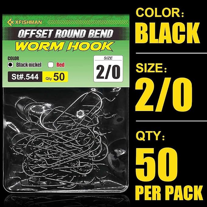 Offset-Worm-Hooks-for-Bass-Fishing-Round Bend Plastic Worms Texas Rig Hook Black Red 1/0 2/0 3/0 4/0