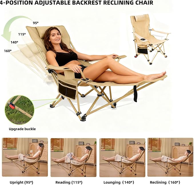 Reclining Camping Chair with Footrest, 4-Position Adjustable Back Folding Lounge Chair for Adult | Heavy-Duty Beach Chairs with Cup Holder & Carry Bag for Beach, Camping, Backyard, Fishing
