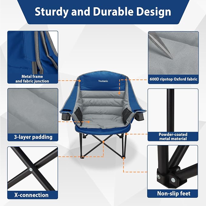 Youtanic Oversized Extra Large Padded Camping Chair, up to 400lbs, Folding Camping Chairs with Side Pocket, Carry Bag, Heavy Duty Outdoor Camp Chairs for Adults, Fishing, Sports, Trip, Gray-Blue