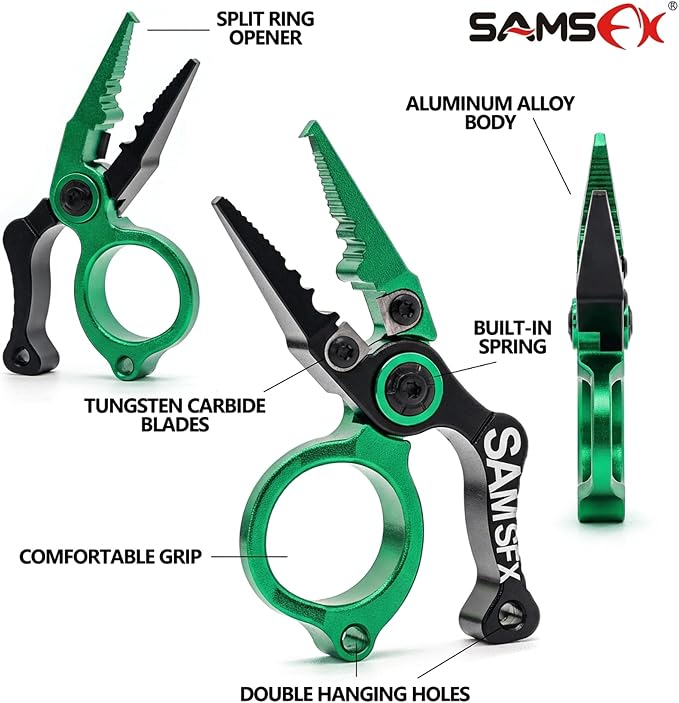 SAMSFX Mini Fishing Pliers with Fly Fishing Zinger Retractor, Fish Hook Remover Tool, Split Ring Pliers for Saltwater & Freshwater, Tungsten Carbide Cutters, Fishing Gear Gift for Anglers