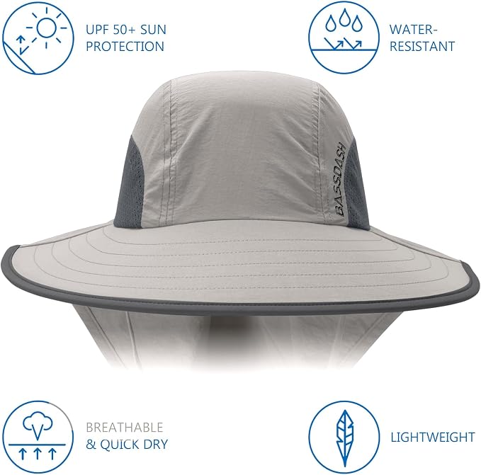 BASSDASH UPF 50+ Unisex Water Resistant Wide Brim Sun Hat with Large Neck Flap Ponytail Fishing Hat for Men Women