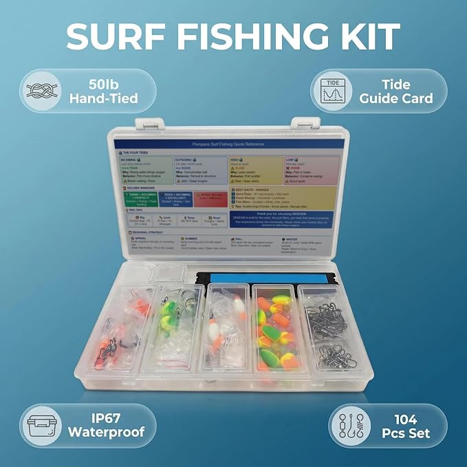9-Pack Hand-Tied Pompano Rigs - 50lb Surf Fishing Rigs with 104pc DIY Tackle Refill Kit, Tide Card - Pre-Rigged for Pompano, Redfish, Flounder - Gift for Men Dad