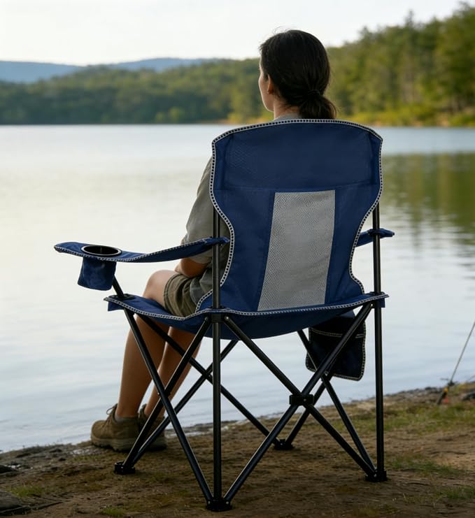 Folding Camping Chair Mesh Back Portable Breathable Outdoor Chairs with Carry Bag & Cup Holder for Camping, Beach, Fishing, Sports, Patio, Blue