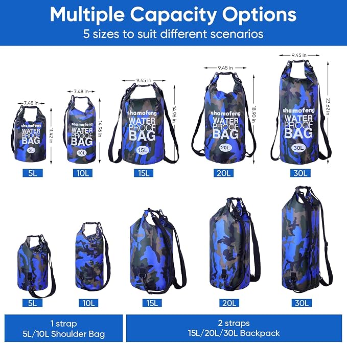 Waterproof Dry Bag 5L/10L/15L/20L/30L Roll Top Dry Storage Backpack with Phone Case, Collapsible Water Bottle, Sunglasses, Ear Band for Kayaking Boating Swimming Fishing Camping, Blue 15L