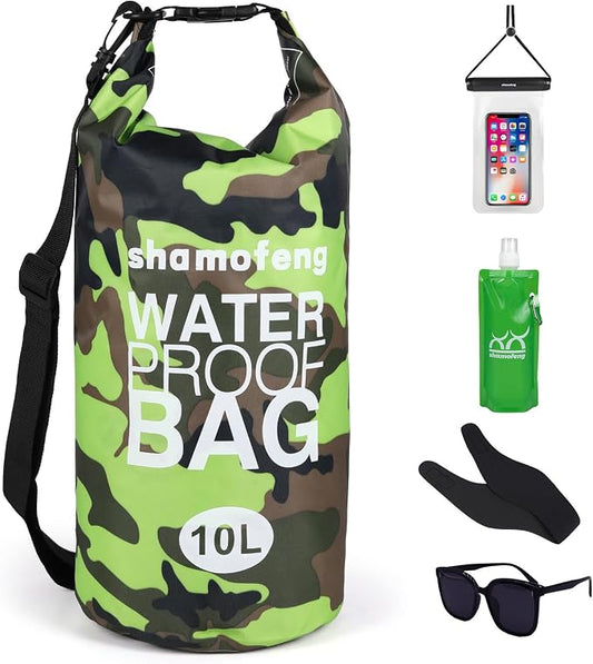 Waterproof Dry Bag 5L/10L/15L/20L/30L Roll Top Dry Storage Backpack with Phone Case, Collapsible Water Bottle, Sunglasses, Ear Band for Kayaking Boating Swimming Fishing Camping, Green 10L