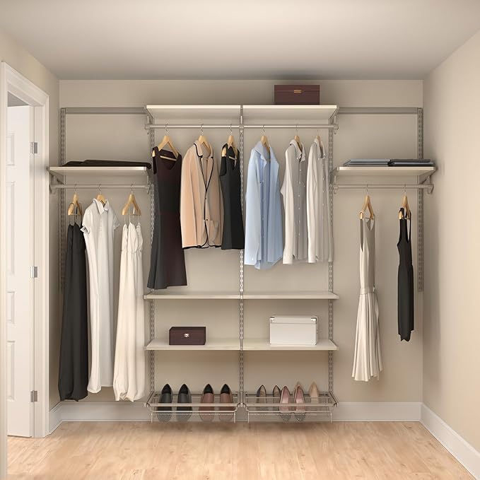 Closet Culture Steel Closet Organization System, Mounted Storage Kit with Shelves and Hanging Rods, 8 ft., 0300-KITA-8WT. White Finish