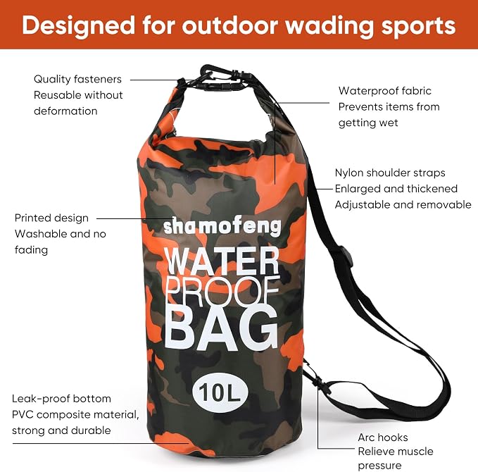 Waterproof Dry Bag 5L/10L/15L/20L/30L Roll Top Dry Storage Backpack with Phone Case, Collapsible Water Bottle, Sunglasses, Ear Band for Kayaking Boating Swimming Fishing Camping, Orange 30L