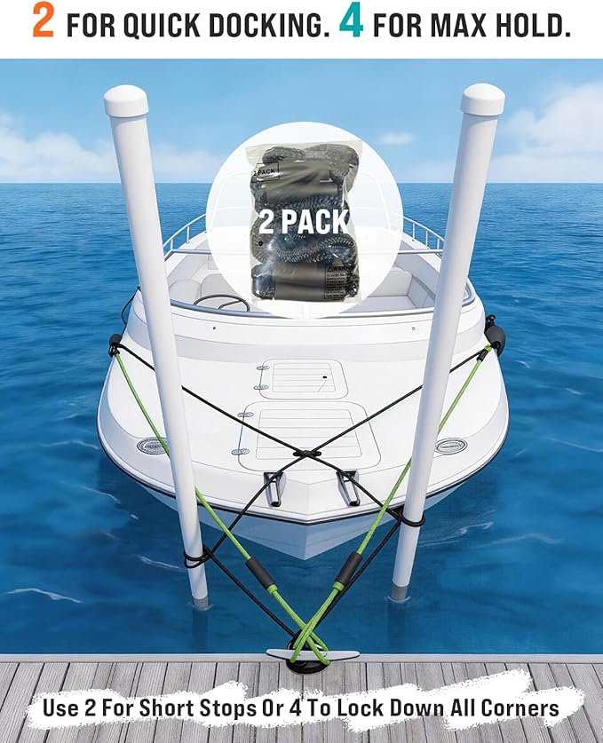 Boat Accessories 4Feet Boat Bungee Dock Lines (2 Pack) with 30cm Extended Loop Shock Absorbing, 316 Stainless Steel Clip & Floating Foam, Mooring Lines for Boats, Jet Ski, Pontoon(Black)