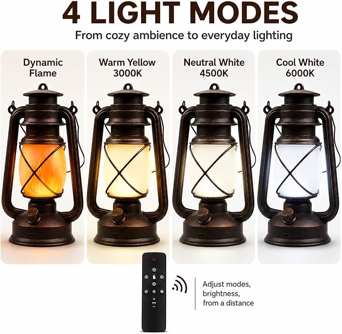 Rechargeable LED Lanterns 4 Pack, USB Charging Vintage Bronze Camping Lamps with Flickering Flame, Remote Control 4 Modes Hanging Lights for Patio Garden Porch Backyard Indoor Outdoor Halloween Decor