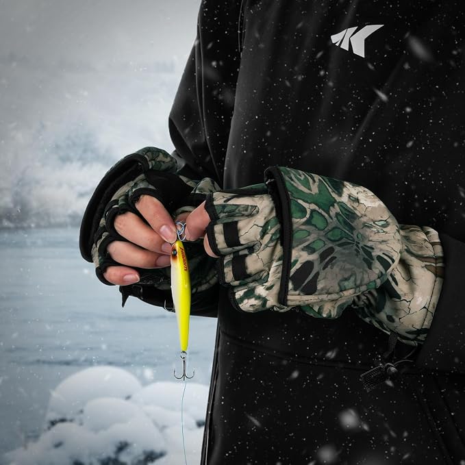 KastKing PolarBlast Convertible Ice Fishing Gloves Cold Weather Mittens and Fingerless Gloves with 3M Thinsulate Ideal for Ice Fishing, Photography