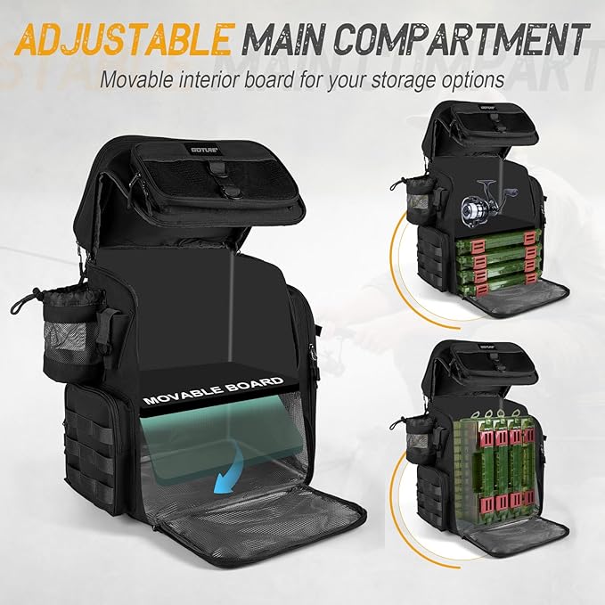 Goture Fishing Backpack, 900D Water-Resistant Tackle Bag with Rod Holders, Insulated Cooler Compartment, 55L Large Capacity Fishing Gear Storage for Saltwater&Freshwater Camping Hiking,Gifts for Men