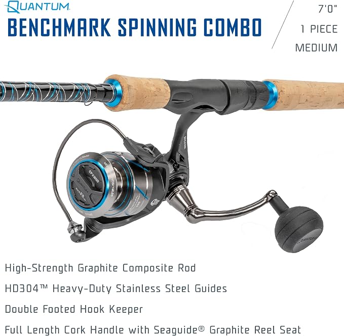 Quantum Benchmark Spinning Reel and Fishing Rod Combo, Graphite Composite Blank, 5+1 Bearings, Silver/Blue
