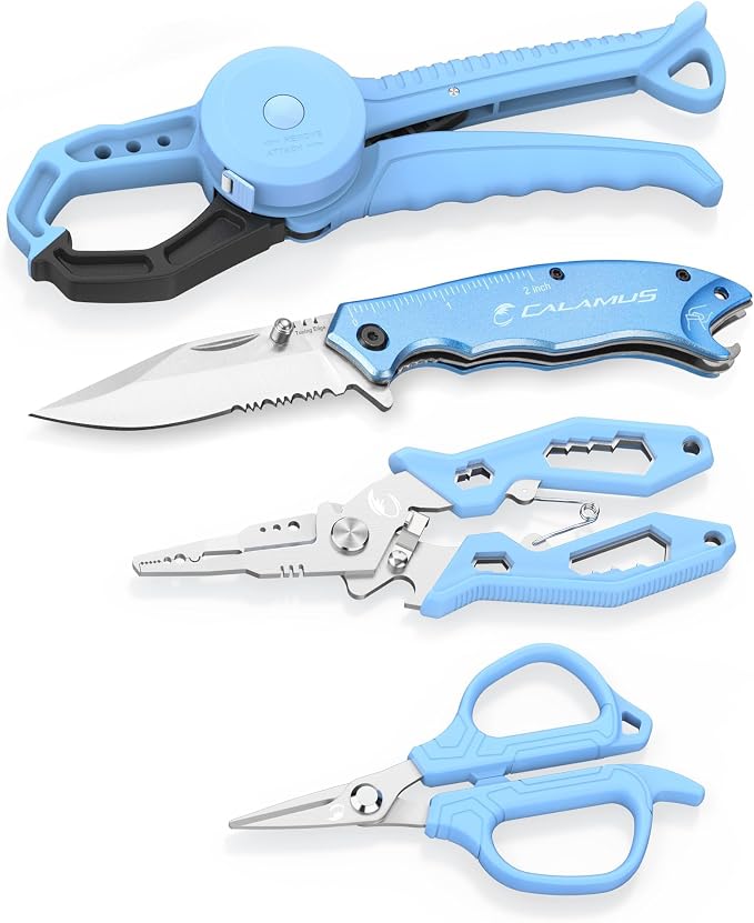 Calamus DriftWave Fishing Tool Kit – Corrosion Resistant Pliers, Lip Gripper with Soft Retractable Measuring Tape, Filet Knife, Pocket Knife，Fishing Scale, Retractor & Glove, Fishing Gifts for Men