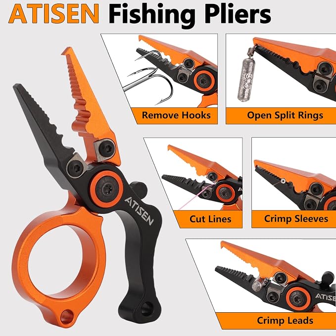 Mini Fishing Pliers Saltwater, Split Ring Tool and Line Cutter | Aluminum stainless handle, Tungsten carbide cutter, Hook remover split ring, Safety lock, Lanyard kit, Saltwater freshwater