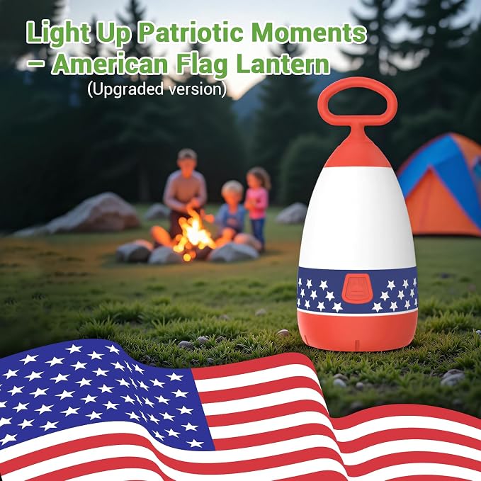 Kids Camping Lantern & Night Light, Battery Powered, 360° Eye-Safe Light, American Flag Pattern, IPX4 Waterproof Scout Gear & Decor (American Flag, 3× AAA Included)