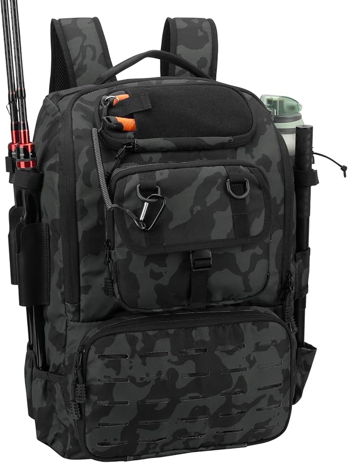 Pyrrhus 40L Fishing Backpack with Rod Holders & Insulated Cooler Compartment, Camping Cooler Tackle Storage for Anglers