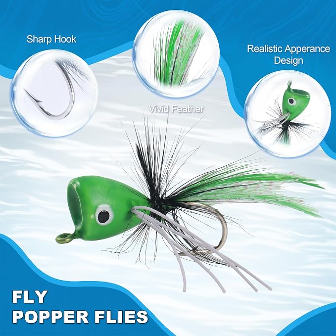 Fly Fishing Poppers Flies, Fly Popper Lures Bass Bluegill Crappie Trout Salmon Panfish Perch Popper Flies Kit for Fly Fishing