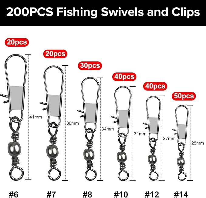 DONQL Fishing Swivels Snap 200pcs Swivels Fishing Tackle, Barrel Swivel Barrel Swivels with Snaps, Available #14#12#10#8#7#6, for Saltwater, Freshwater, Leader, Line, Lure Connector