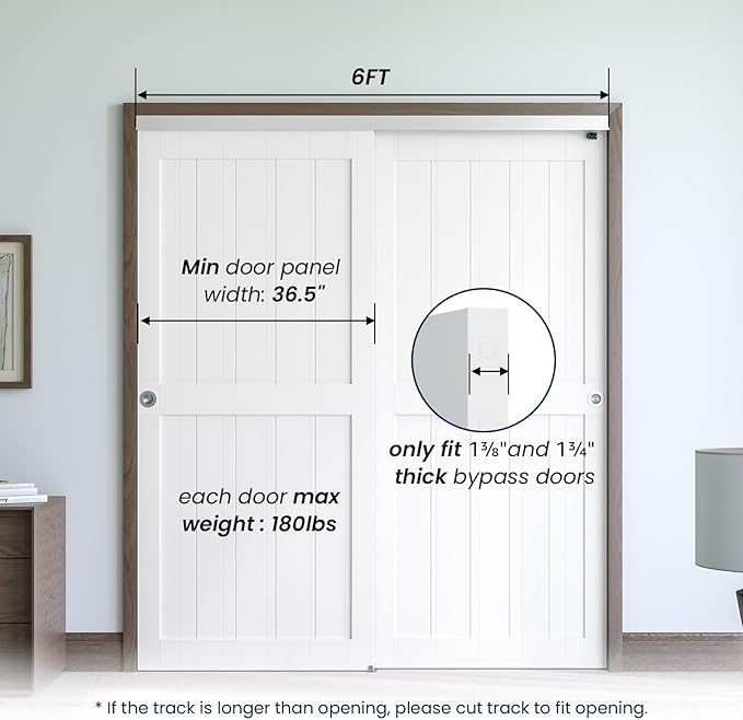 SMARTSTANDARD 72"/6FT Bypass Sliding Door Hardware Kit for Cabinet Closet, Aluminum Alloy Door Hardware with Finger Pull, for 2 Door System, Smoothly and Quietly, Fit 36.5" Wide Door Panel, No Door