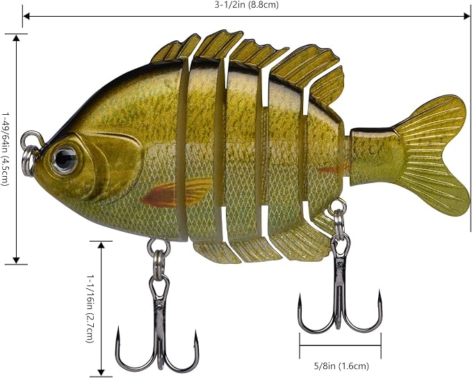 BASSDASH SwimPanfish Multi Jointed Panfish Bluegill Swimbaits Hard Topwater Bass Lures Fishing Lure Crank Saltwater 3.5in/0.85oz