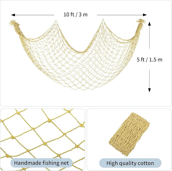 2 Pack Decorative Fishing Net, 5x10 ft Large Yellow Fish Net to Hang Stuffed Animals, Decor Net for Nautical Beach Mermaid Theme Birthday Party, Baby Shower, Drape Tables, Balloon Holder