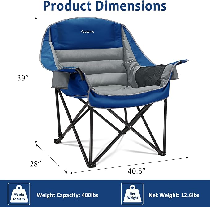 Youtanic Oversized Extra Large Padded Camping Chair, up to 400lbs, Folding Camping Chairs with Side Pocket, Carry Bag, Heavy Duty Outdoor Camp Chairs for Adults, Fishing, Sports, Trip, Gray-Blue