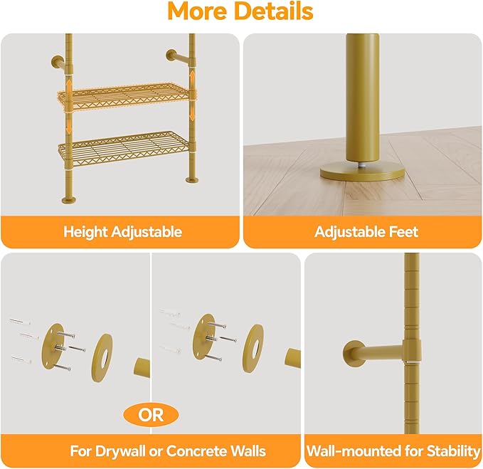 W3 Wall Mounted Closet System, Expandable Industrial Pipe Clothes Rack Clothing Rack for Hanging Clothes, Heavy Duty Garment Rack Closet Organizers and Storage Reach in Closet, Gold