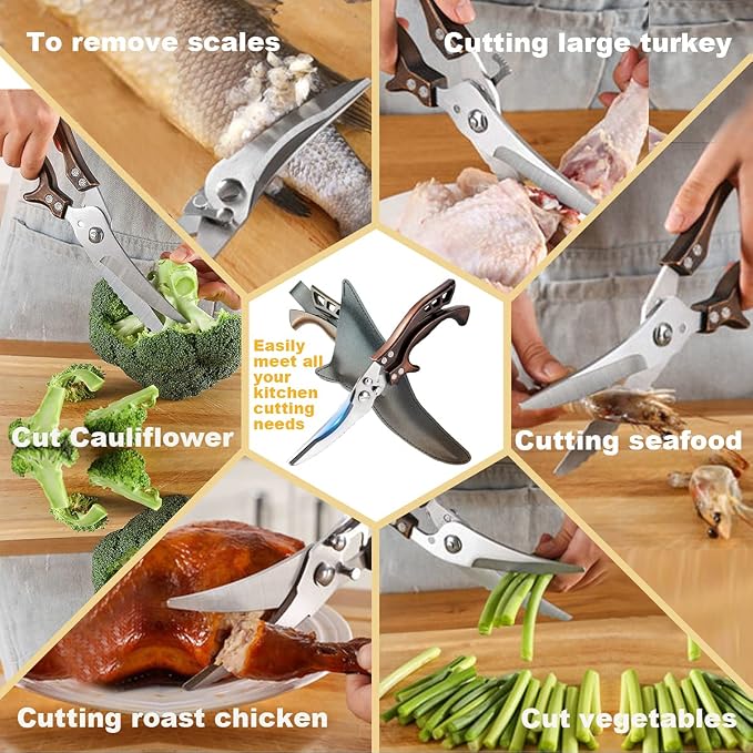 ANDONG Kitchen Scissors, Heavy Duty Professional Poultry Shears, Stainless Steel Spring Loaded, Dishwasher Safe, with Black Leather Sheath