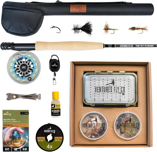 Ventures Fly Co. | Starter Packages | 23 Fly Fishing Accessories Complete Gear Combo | Perfect Beginner Kit | Includes Rod, Reel, Line, Flies, Leader, Tippet, Forceps, Nipper, Floatant & Net
